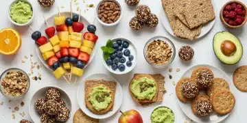 Variedade de lanches fit saudáveis e coloridos dispostos sobre uma mesa, incluindo frutas, iogurte com granola e barrinhas energéticas.