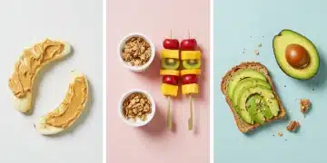 Quatro opções de lanches da tarde rápidos e nutritivos, com poucos ingredientes, dispostos de forma apetitosa sobre uma mesa clara.