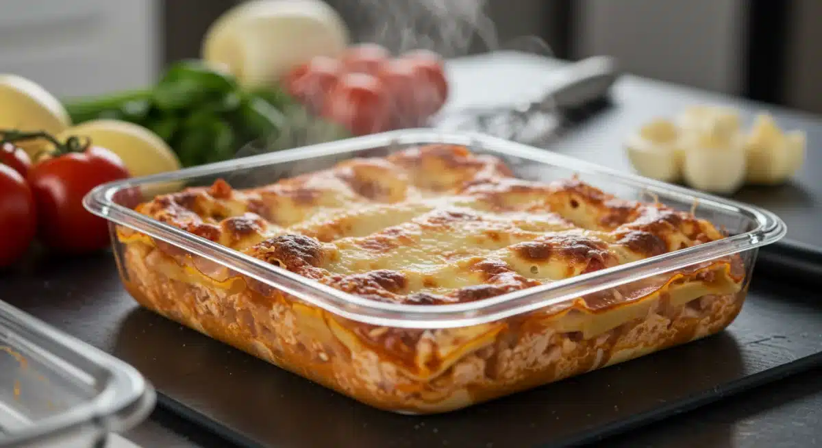 Lasagna caseira sendo porcionada para congelamento em recipientes herméticos