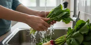 Cozinha Sustentável: 4 Dicas para Reduzir o Consumo de Água em 20% Mãos lavando vegetais em uma pia de cozinha sustentável, com foco na economia de água.