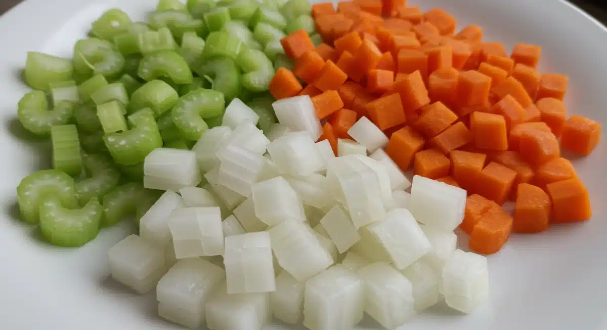 Legumes cortados em brunoise (cubos pequenos) prontos para uso, demonstrando uniformidade e precisão.
