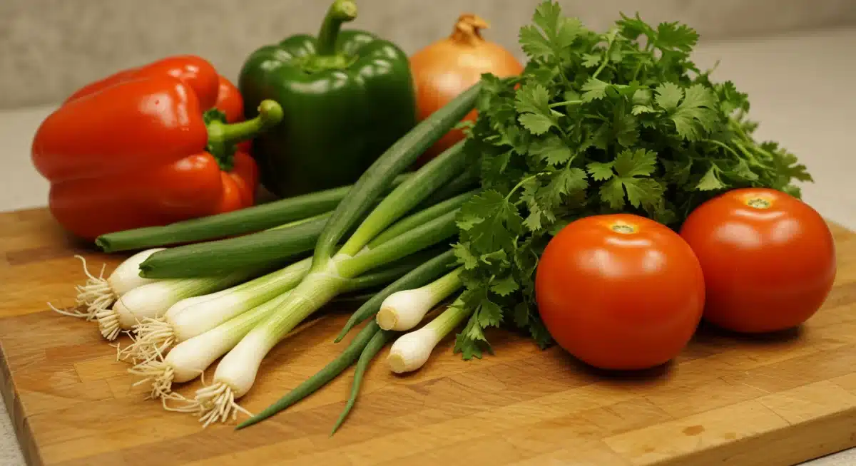 Variedade de legumes e ervas frescas brasileiras dispostos em uma tábua de corte, prontos para o preparo de refeições rápidas e saudáveis.