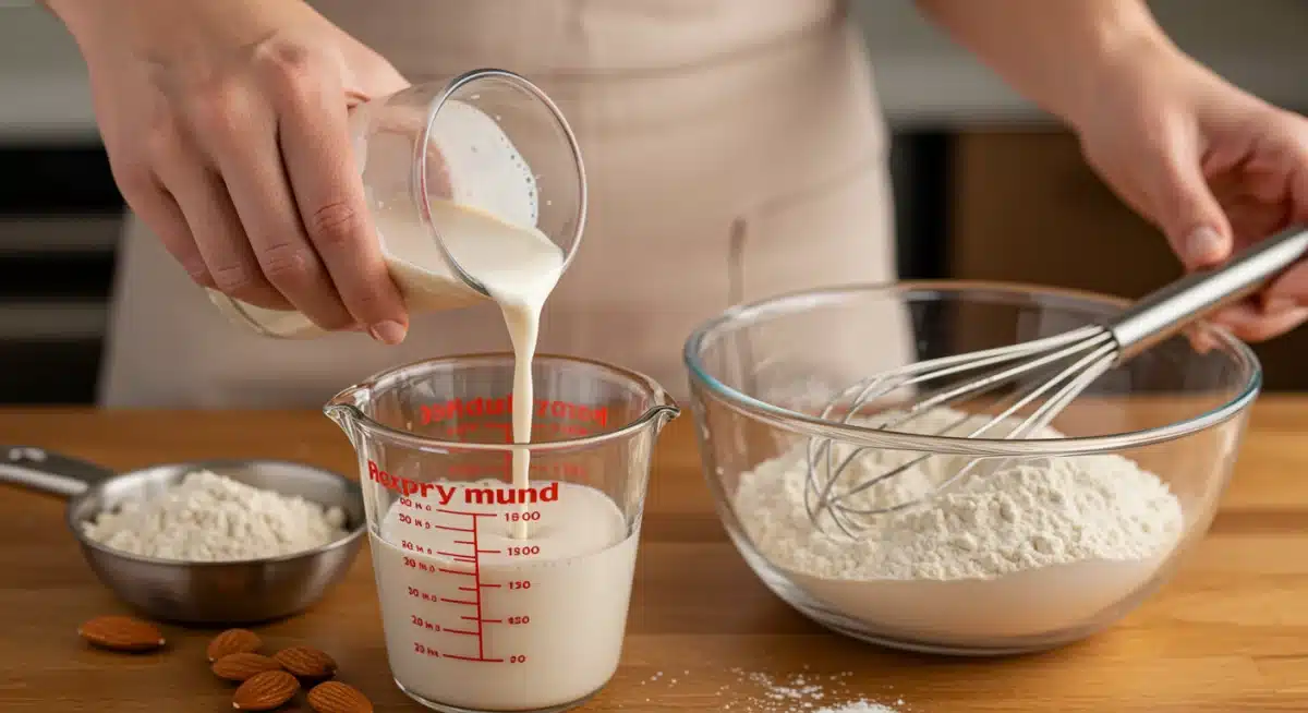 Mão adicionando leite vegetal em uma receita, simbolizando substituições saudáveis em sobremesas.