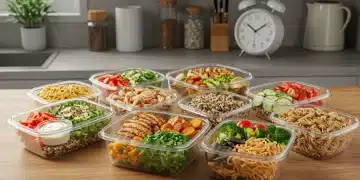 Marmitas prontas e organizadas em uma bancada de cozinha moderna, com refeições coloridas e saudáveis para a semana.