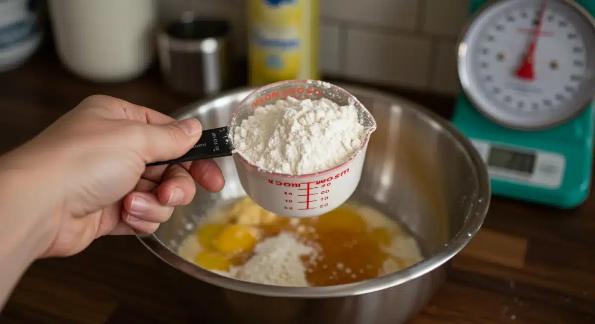 Mão segurando xícara de farinha sobre tigela de mistura, com balança de cozinha ao fundo.