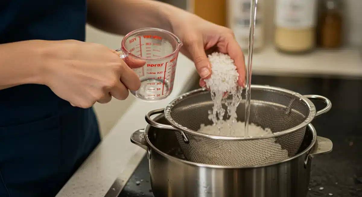 Pessoa medindo e lavando arroz em uma peneira sob água corrente na cozinha.