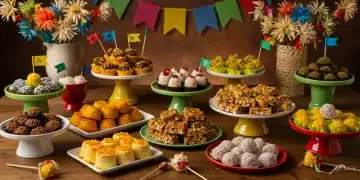 Mesa de festa junina vibrante com diversas sobremesas típicas e modernas, decorada com elementos rústicos e coloridos.