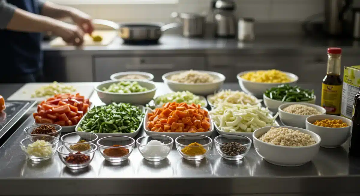 Mise en place organizada com vegetais picados e ingredientes pré-preparados para otimizar o tempo de cozimento.