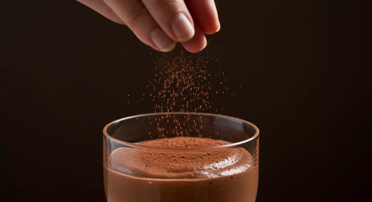 Mão polvilhando cacau em pó sobre um mousse de chocolate caseiro em taça, finalizando uma sobremesa rápida e deliciosa.