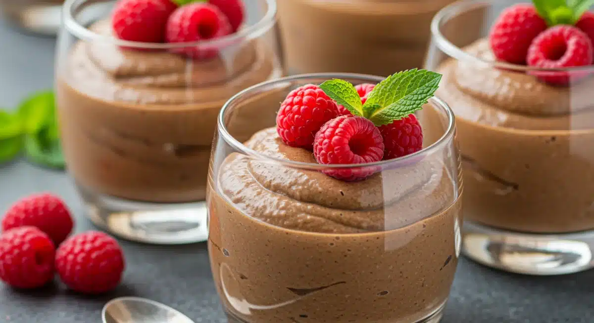 Mousse de chocolate vegana e cremosa em taças de vidro, decorada com framboesas frescas e hortelã.