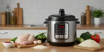 Panela de pressão elétrica moderna com ingredientes frescos na bancada da cozinha, simbolizando refeições rápidas e fáceis.