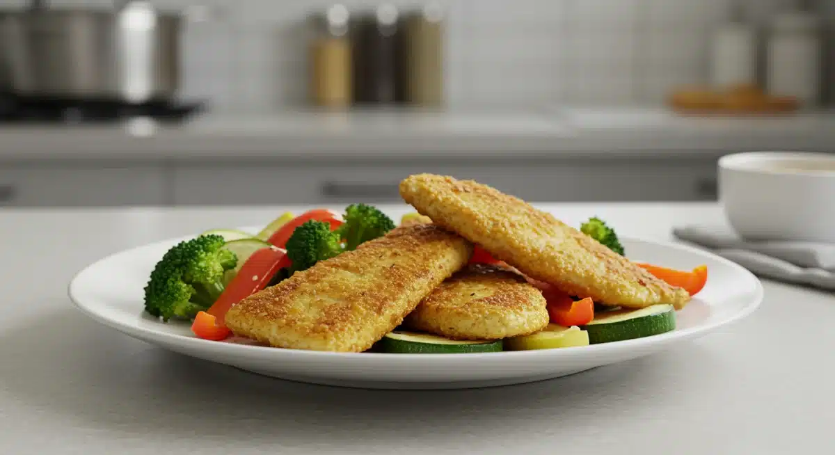 Prato com filés de peixe e vegetais coloridos preparados na airfryer, destacando uma refeição completa e saudável.