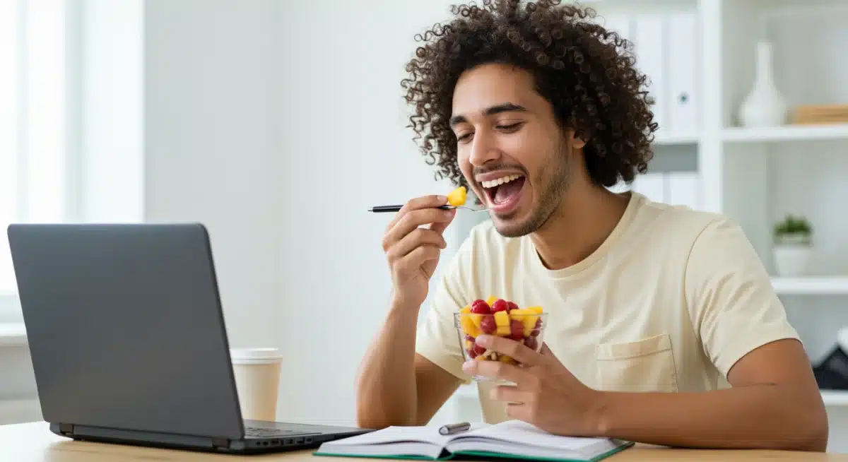 Pessoa sorridente e energizada desfrutando de um lanche saudável em um ambiente de trabalho.