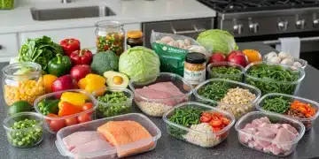 Mesa de cozinha organizada com ingredientes frescos e refeições pré-preparadas para um planejamento semanal fit.