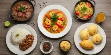 Mesa rústica com cinco pratos clássicos brasileiros adaptados para versões fit e saudáveis.