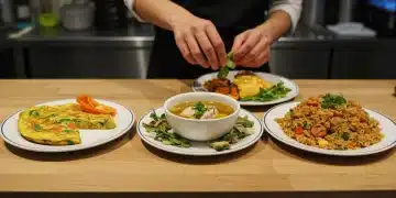 Cozinhando com Sobras: 3 Ideias Criativas para Refeições Mesa com três pratos criativos feitos a partir de sobras de alimentos, como uma frittata, um arroz frito e uma sopa, demonstrando o aproveitamento inteligente na cozinha.