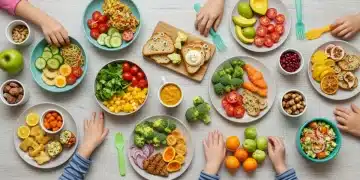 Mesa de cozinha com pratos rápidos, coloridos e nutritivos para crianças, preparados em 20 minutos.