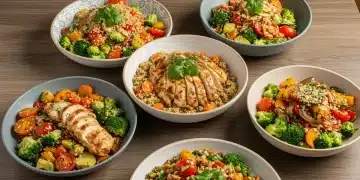 Mesa com cinco pratos rápidos sem glúten deliciosos e coloridos, prontos para serem servidos.