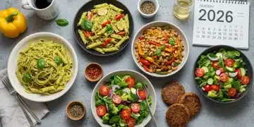 Mesa com diversas opções de pratos vegetarianos rápidos e coloridos, ideais para um jantar em 25 minutos.