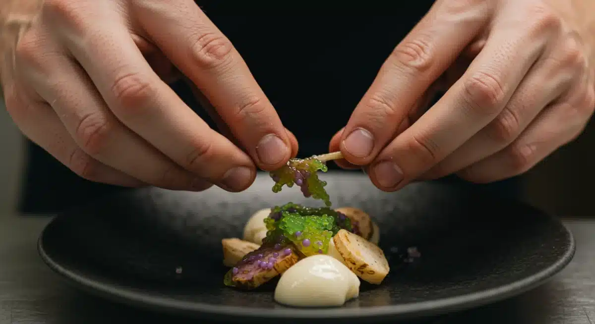 Chef preparando uma refeição fit com um ingrediente inovador, destacando a precisão e a criatividade culinária.