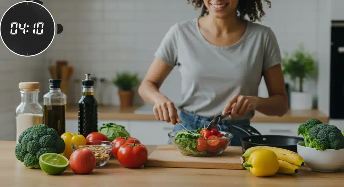 Pessoa preparando rapidamente uma refeição saudável em uma cozinha moderna, com ingredientes frescos e organização, simbolizando praticidade.