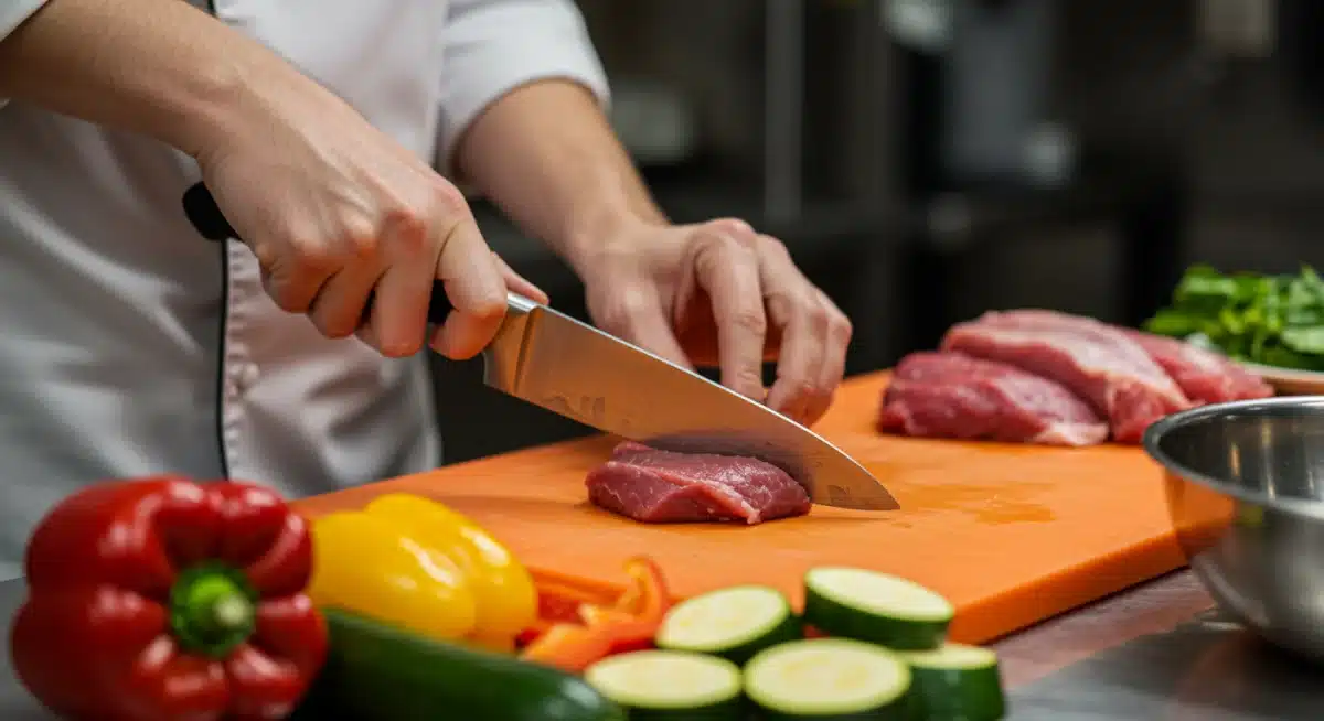 Mãos de um chef preparando uma refeição fresca e saborosa de baixo carboidrato, com foco nos ingredientes frescos e coloridos.