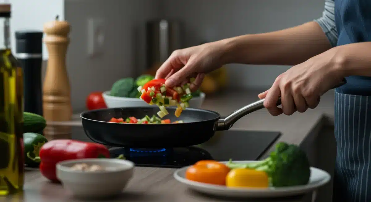 Pessoa preparando rapidamente uma refeição saudável na cozinha, com vegetais frescos.