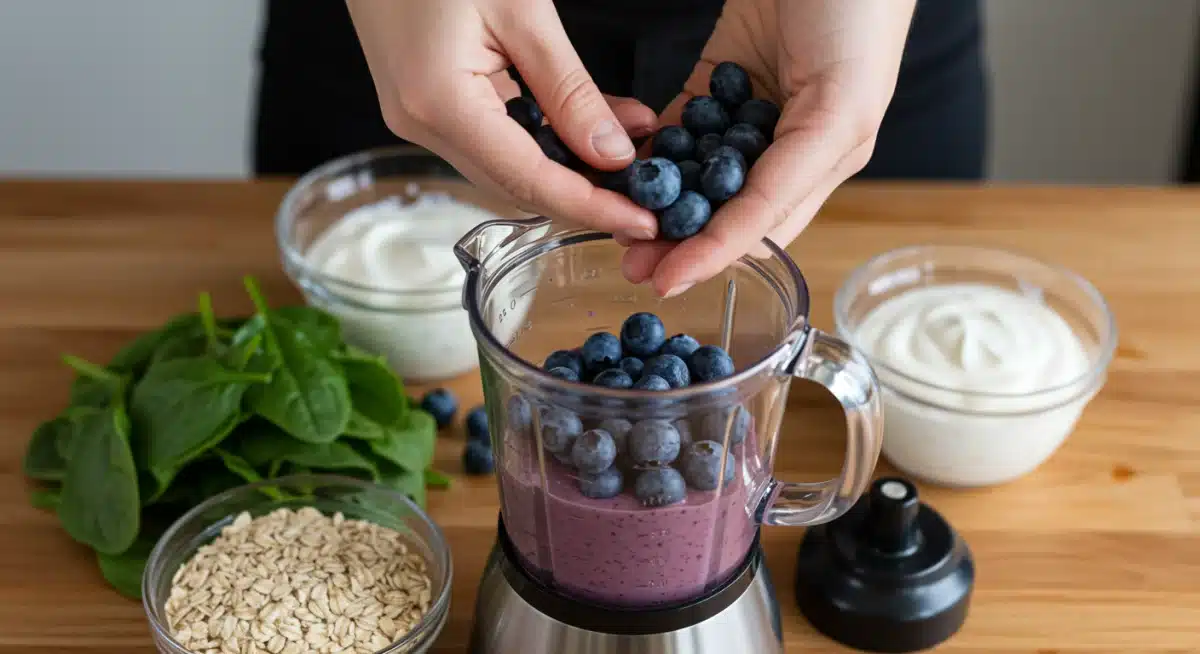 Mãos adicionando mirtilos frescos a um liquidificador, preparando um smoothie nutritivo e fit.