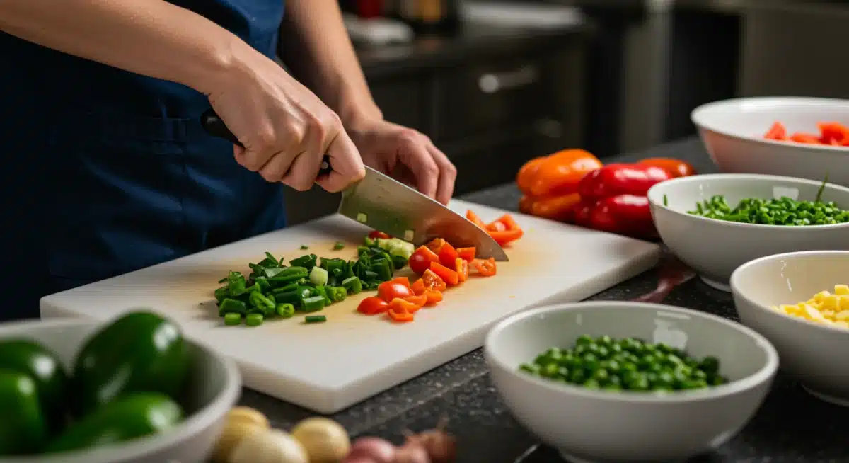 Pessoa cortando vegetais de forma eficiente em uma tábua, com vários potes para organizar ingredientes na preparação de lotes.