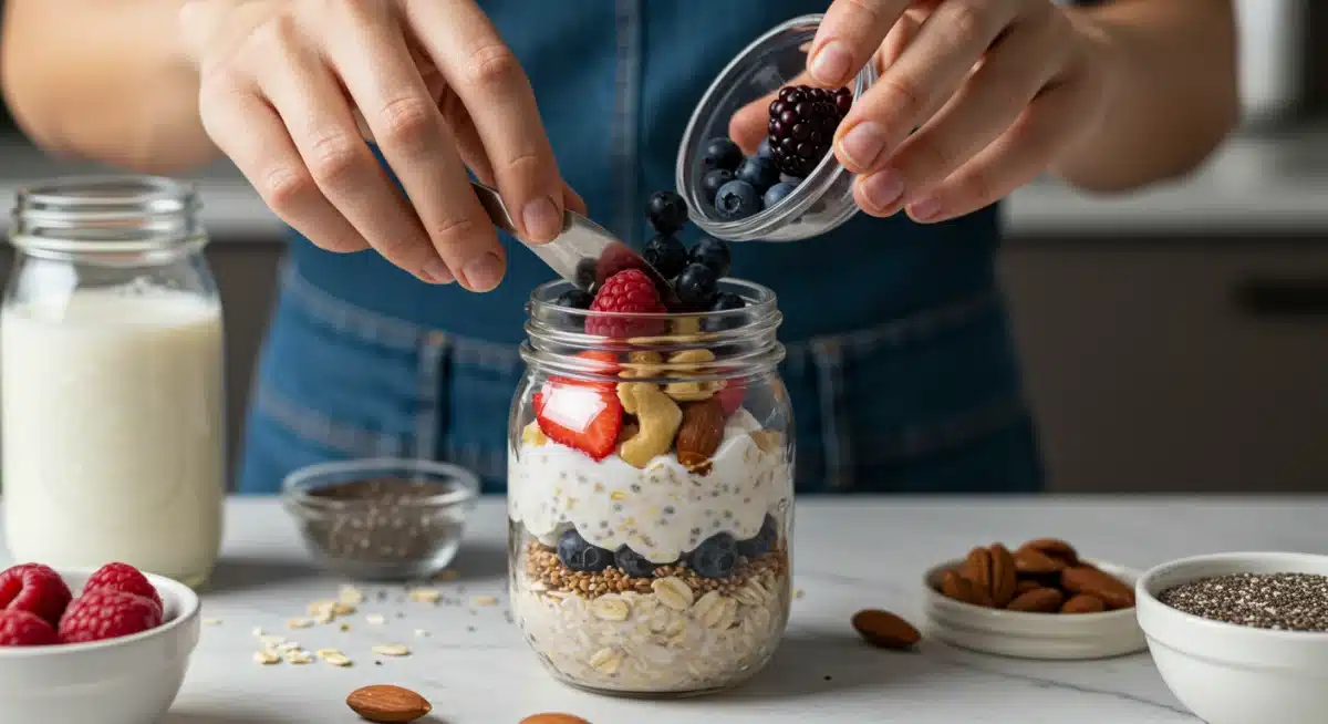 Mãos preparando rapidamente um pote de overnight oats com frutas vermelhas e castanhas, em uma cozinha iluminada.
