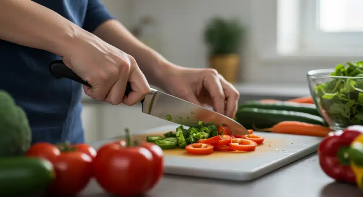 Mãos preparando uma refeição saudável, cortando vegetais frescos em uma tábua, com foco nos ingredientes coloridos e na simplicidade do preparo.