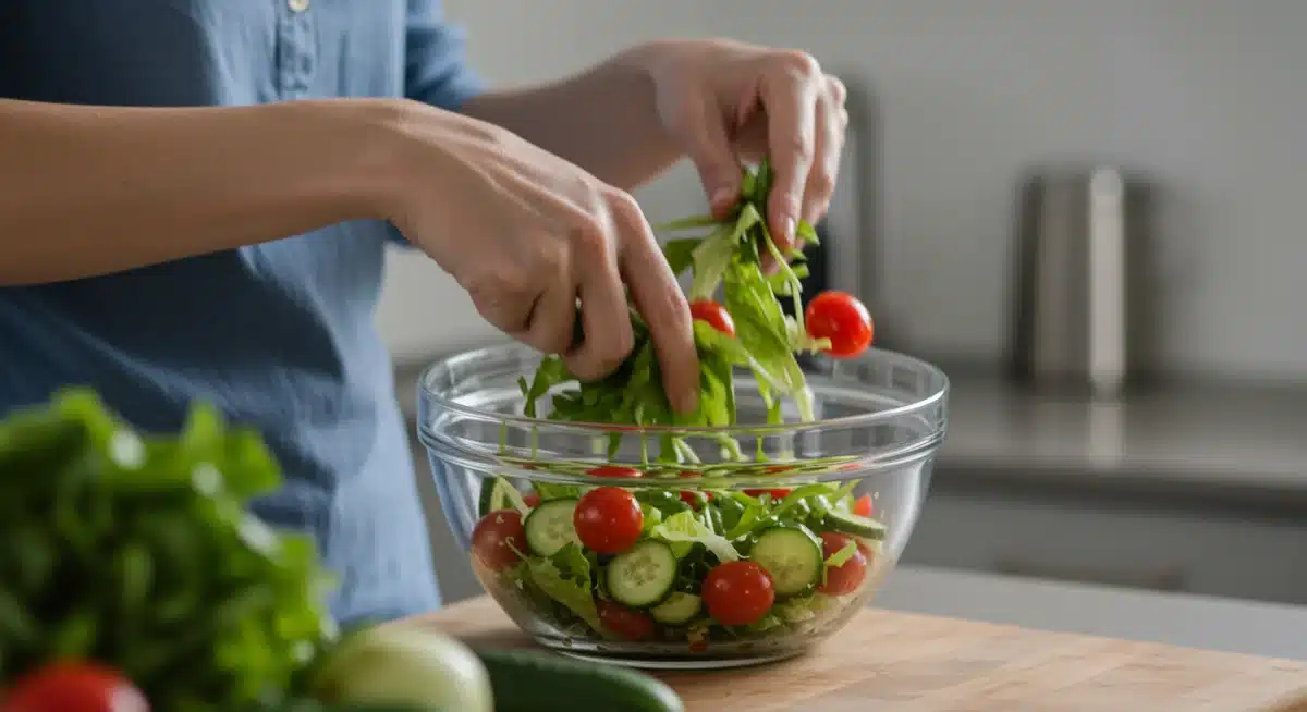 Mãos preparando rapidamente uma salada colorida e fresca em uma cozinha moderna.