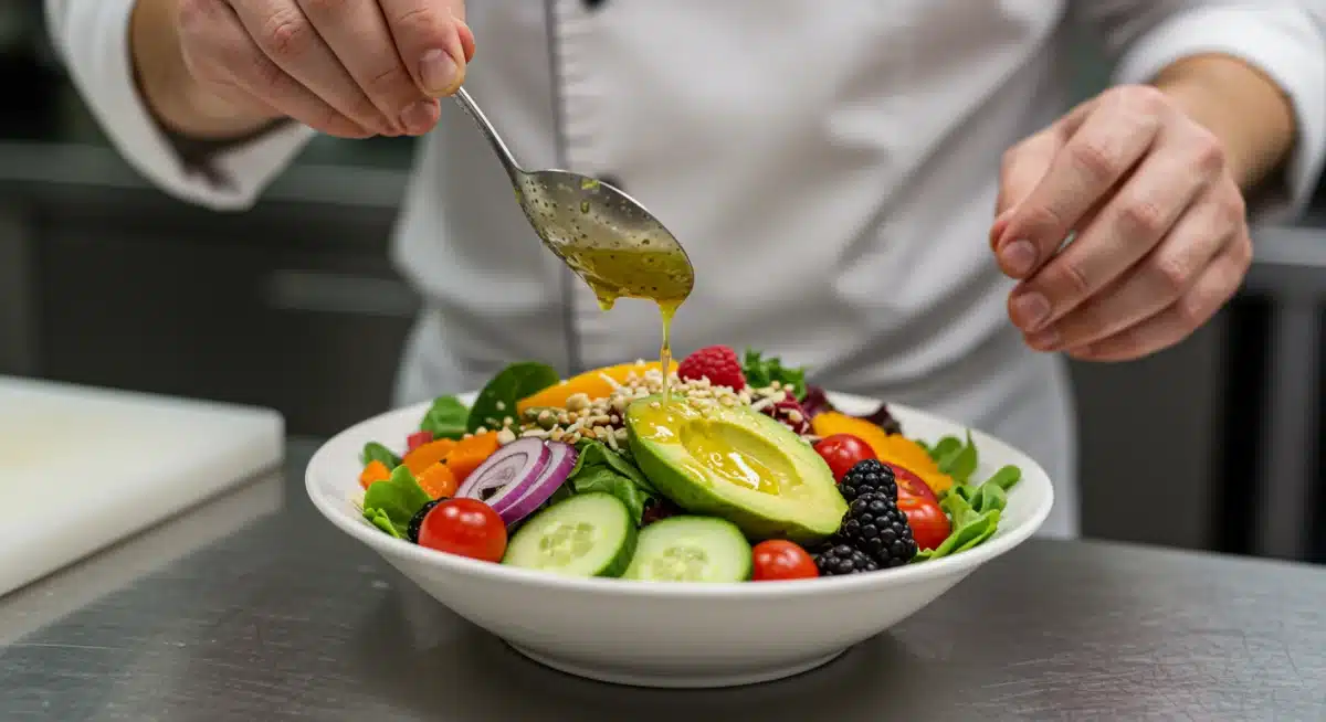 Mãos preparando uma salada colorida com vegetais e frutas frescas da estação.
