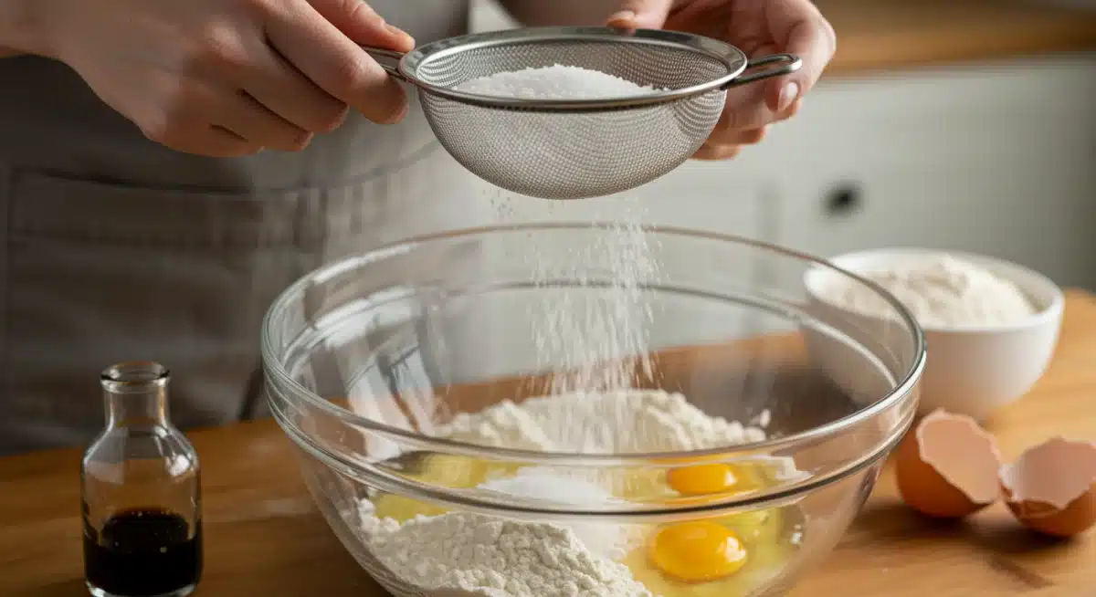 Mãos peneirando adoçante em pó para uma receita de sobremesa, mostrando a incorporação de substitutos do açúcar.
