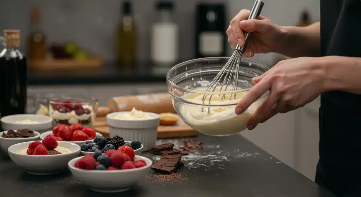 Mãos preparando rapidamente uma sobremesa em uma cozinha moderna.