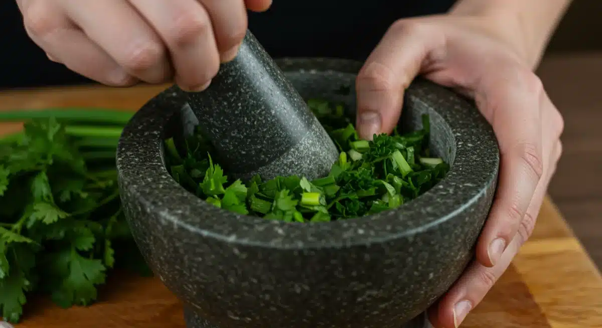 Mãos moendo ervas frescas e especiarias em um pilão, preparando um tempero caseiro.