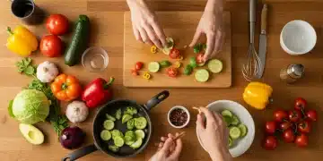 Pessoa preparando um prato rápido e criativo com sobras de alimentos na cozinha moderna.