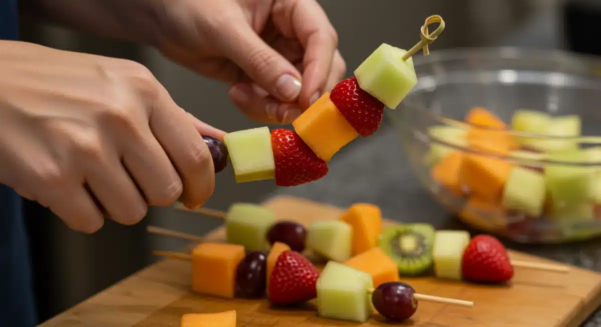 Mão montando um espetinho de frutas frescas, destacando a facilidade de preparo de um lanche nutritivo.