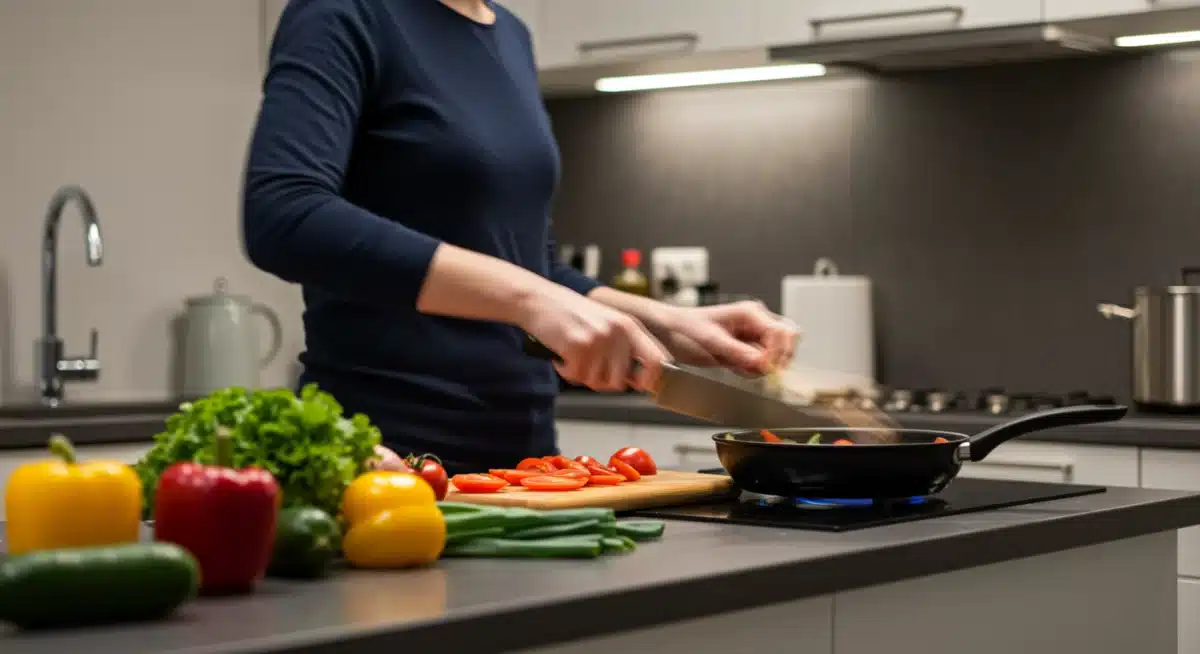 Pessoa preparando um jantar saudável e rápido em uma cozinha moderna, focando na agilidade do preparo.