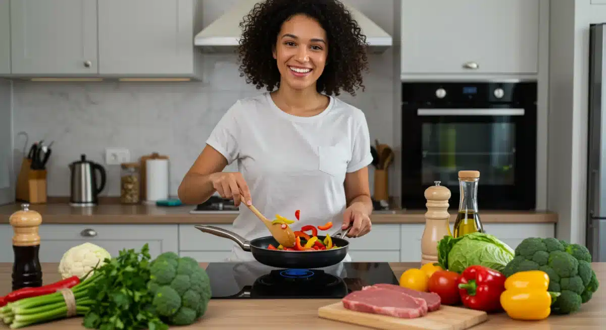 Pessoa preparando uma refeição saudável e fit na cozinha, utilizando ingredientes frescos e coloridos.
