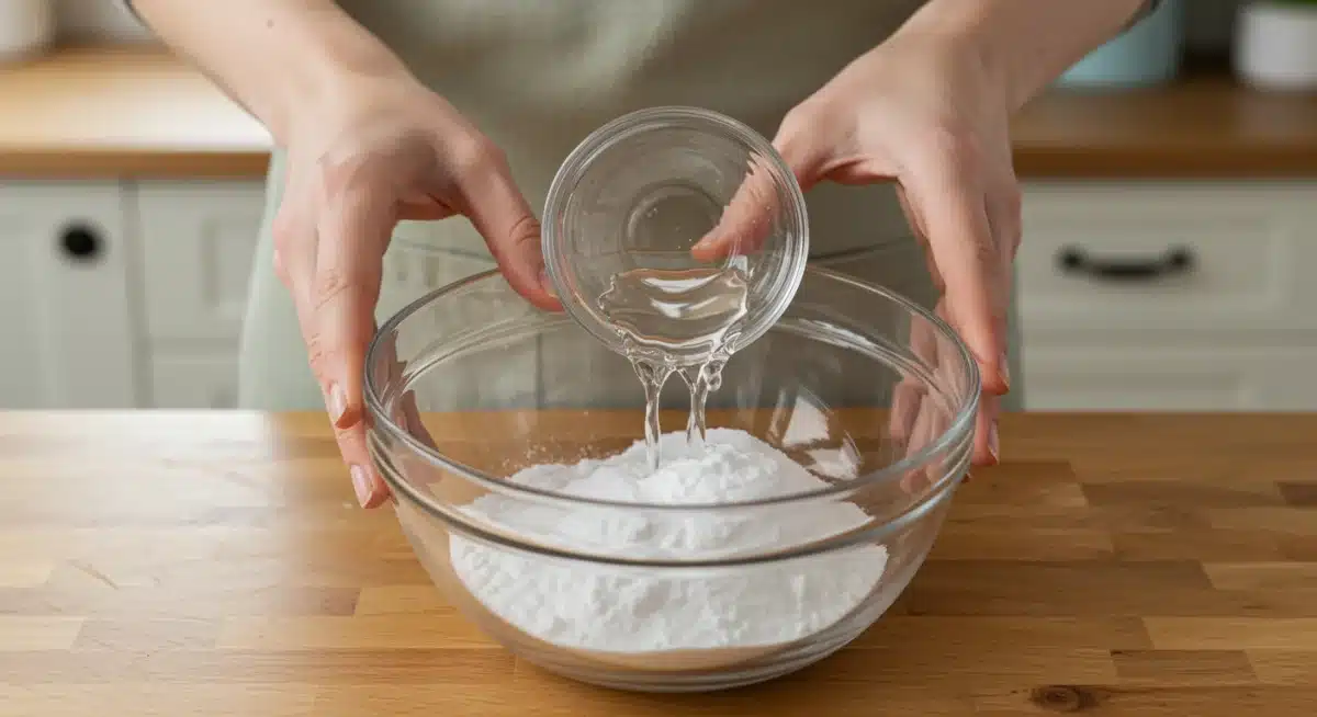 Mãos preparando uma solução de limpeza caseira com vinagre e bicarbonato de sódio.