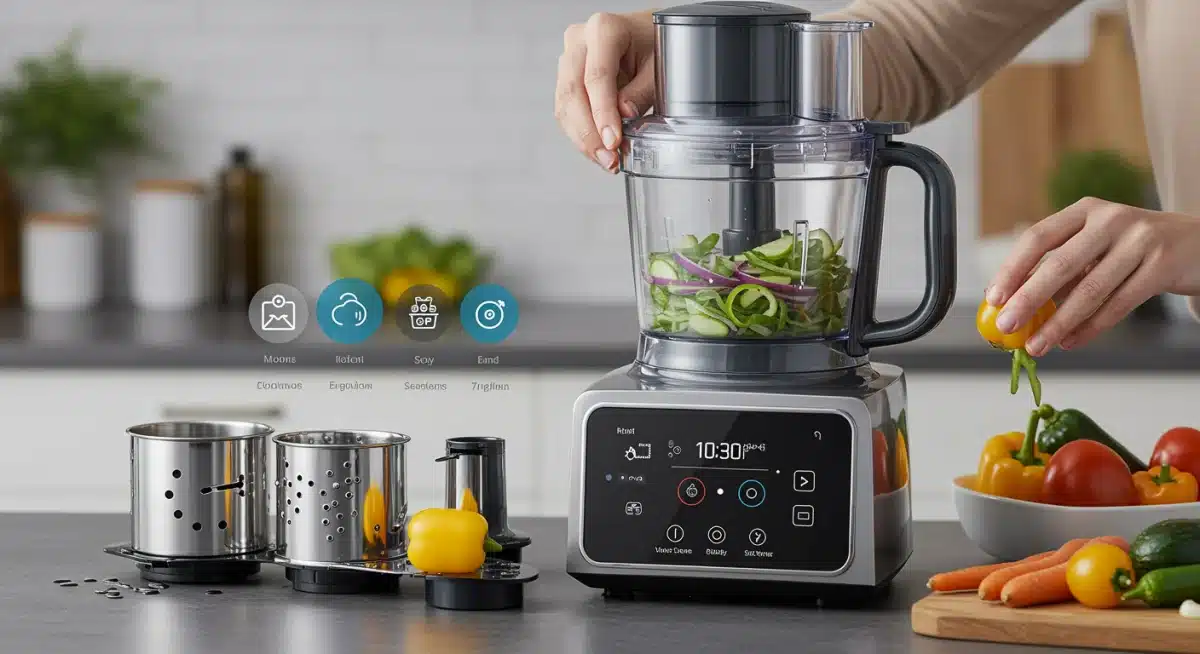 Processador de alimentos inteligente com tela digital e acessórios, otimizando o preparo de ingredientes.