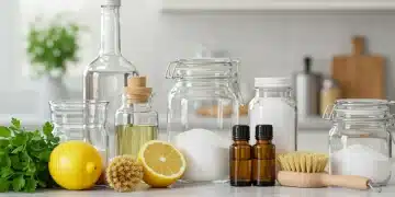 Produtos naturais para limpeza da cozinha: vinagre, bicarbonato, limão e óleos essenciais em um balcão limpo.
