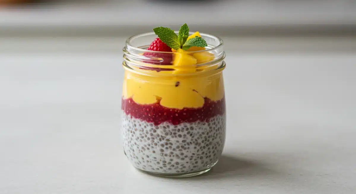 Pudim de chia com frutas vermelhas em um copo, sobremesa fit refrescante.
