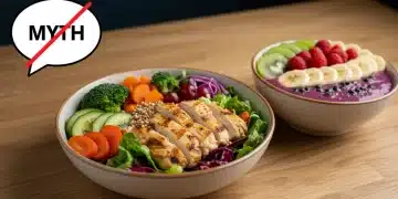 Prato colorido e saudável com ícone de mito riscado, simbolizando a desmistificação de receitas fit.