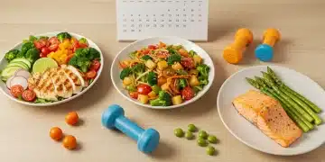 Três opções de refeições fit de baixo carboidrato dispostas sobre uma mesa de madeira clara, com vegetais frescos, proteínas magras e um toque de planejamento para 2026.