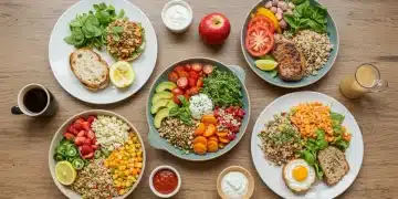 Mesa de verão com 5 receitas fit econômicas, coloridas e saudáveis, com ingredientes frescos e vibrantes.