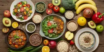 Mesa rústica com diversas receitas fit à base de grãos, como salada de quinoa, ensopado de lentilha e mingau de aveia, com frutas e vegetais frescos.