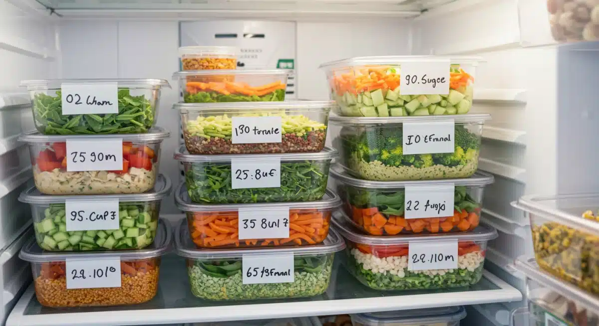 Refeições pré-preparadas e organizadas em potes na geladeira, ilustrando planejamento alimentar.