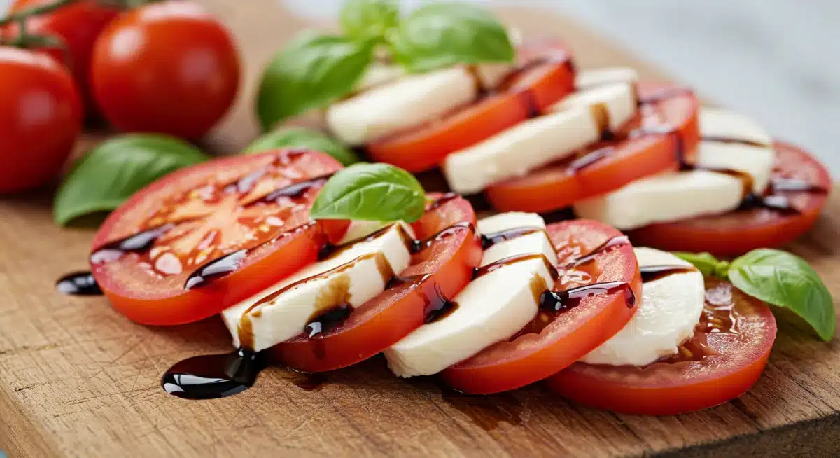 Salada Caprese com redução de balsâmico, fresca e rápida